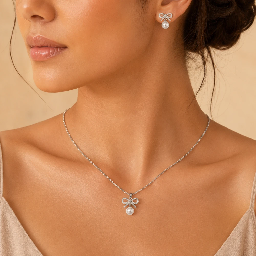 Bow Knot Motif Pendant Necklace & Earrings Set
