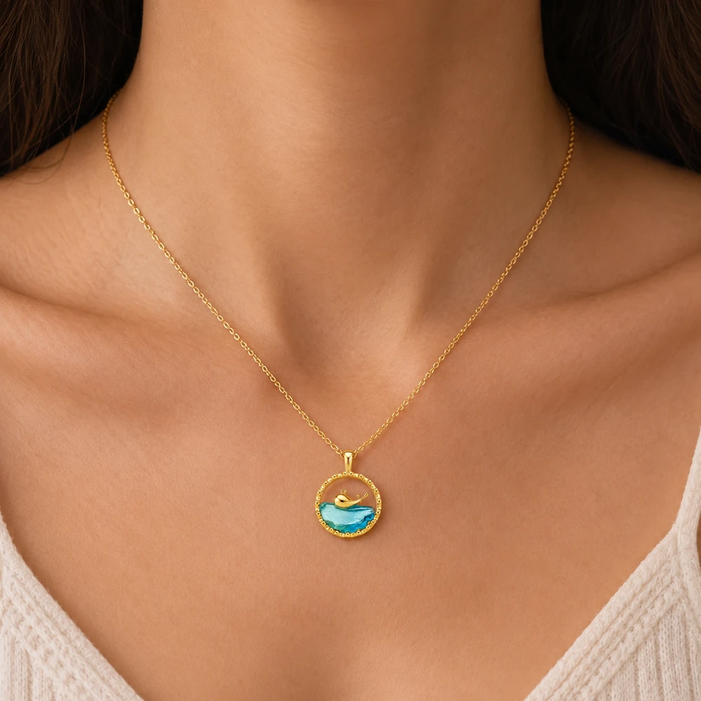 Cute Sea Spray Blue Whale Surrounded by Mountain Round Pendant