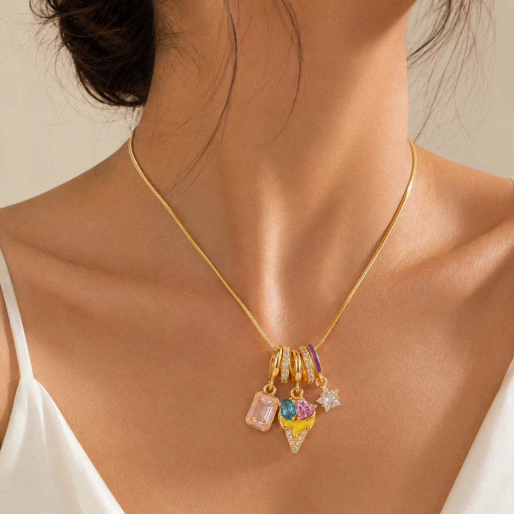 Ice Cream Charm Necklace | Multi-Charm Pendant with Crystals & Enamel