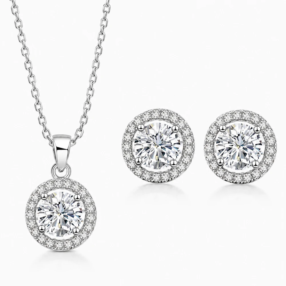 Halo Bliss Solitaire Moissanite Pendant and Studs