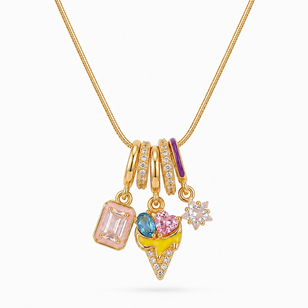 Ice Cream Charm Necklace | Multi-Charm Pendant with Crystals & Enamel