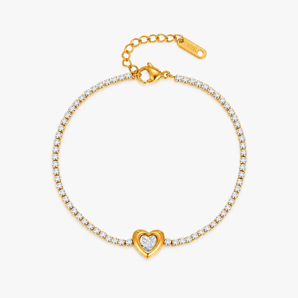 Shiny Zirconia Chain Heart Bracelet