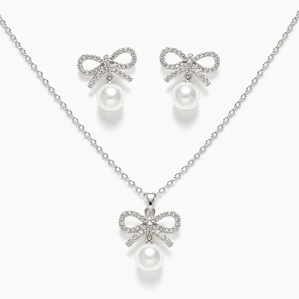 Bow Knot Motif Pendant Necklace & Earrings Set